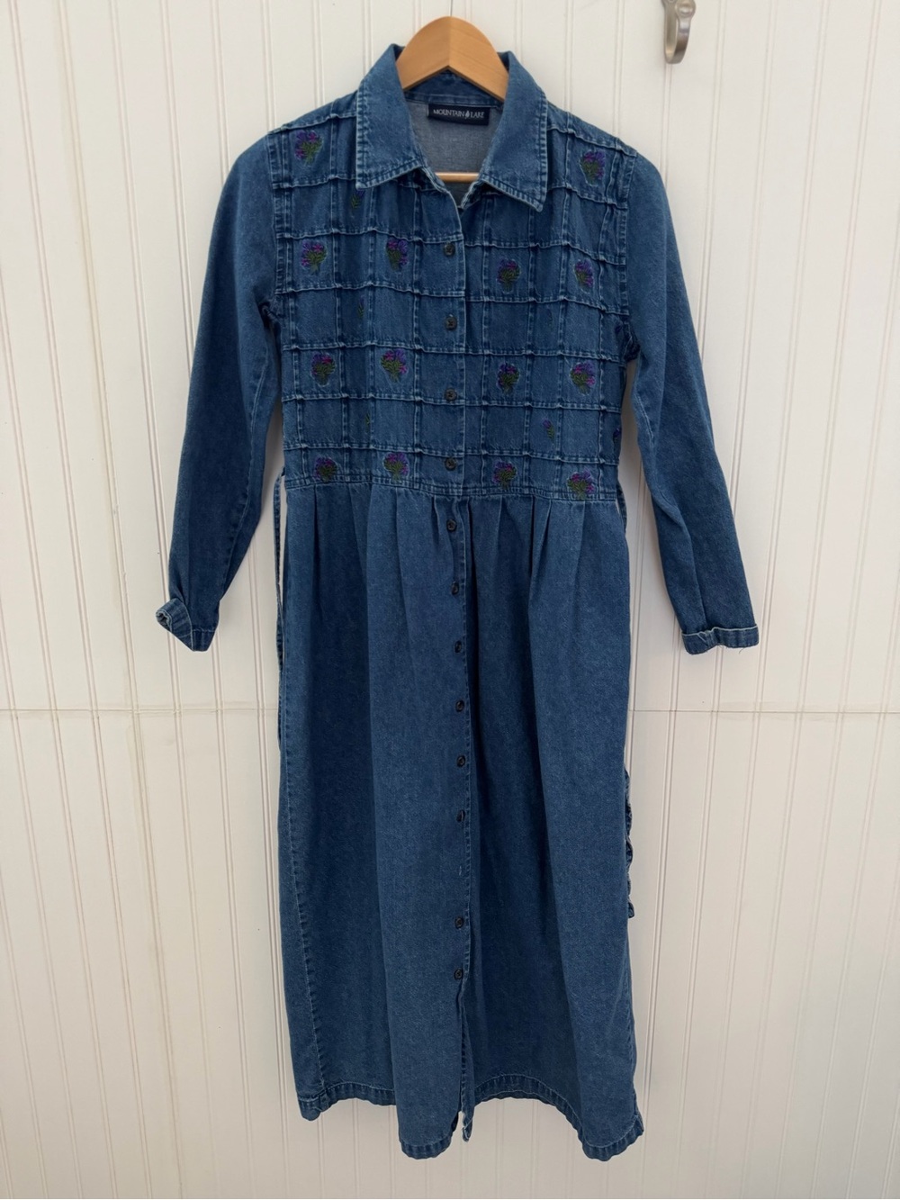Vintage Mountain Lake 100% Cotton Denim Shirt Dress with Embroidered Flowers
